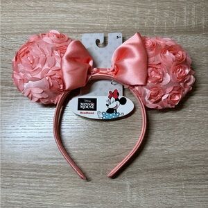 Disney Minnie Mouse Coral Pink Rose Ear Headband with Satin Bow